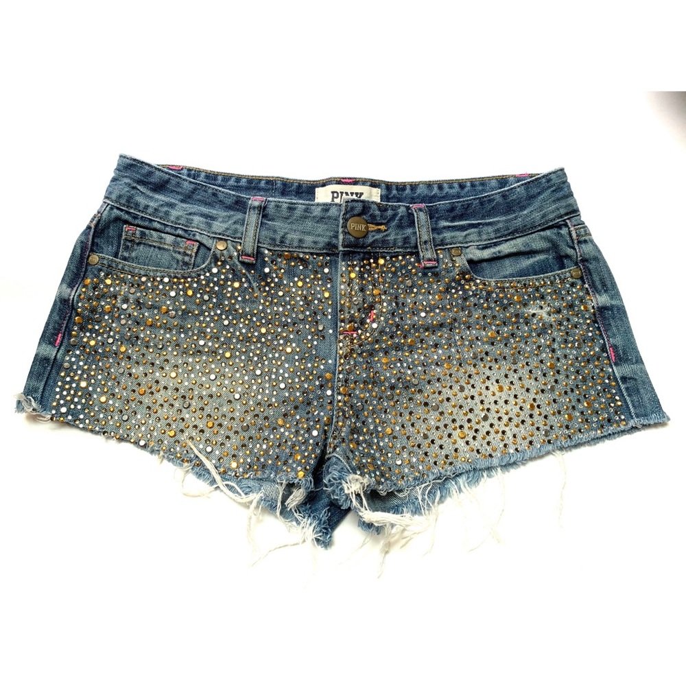 PINK • 2 • Bling Front Jean Shorts Frayed Raw Hem/Edge